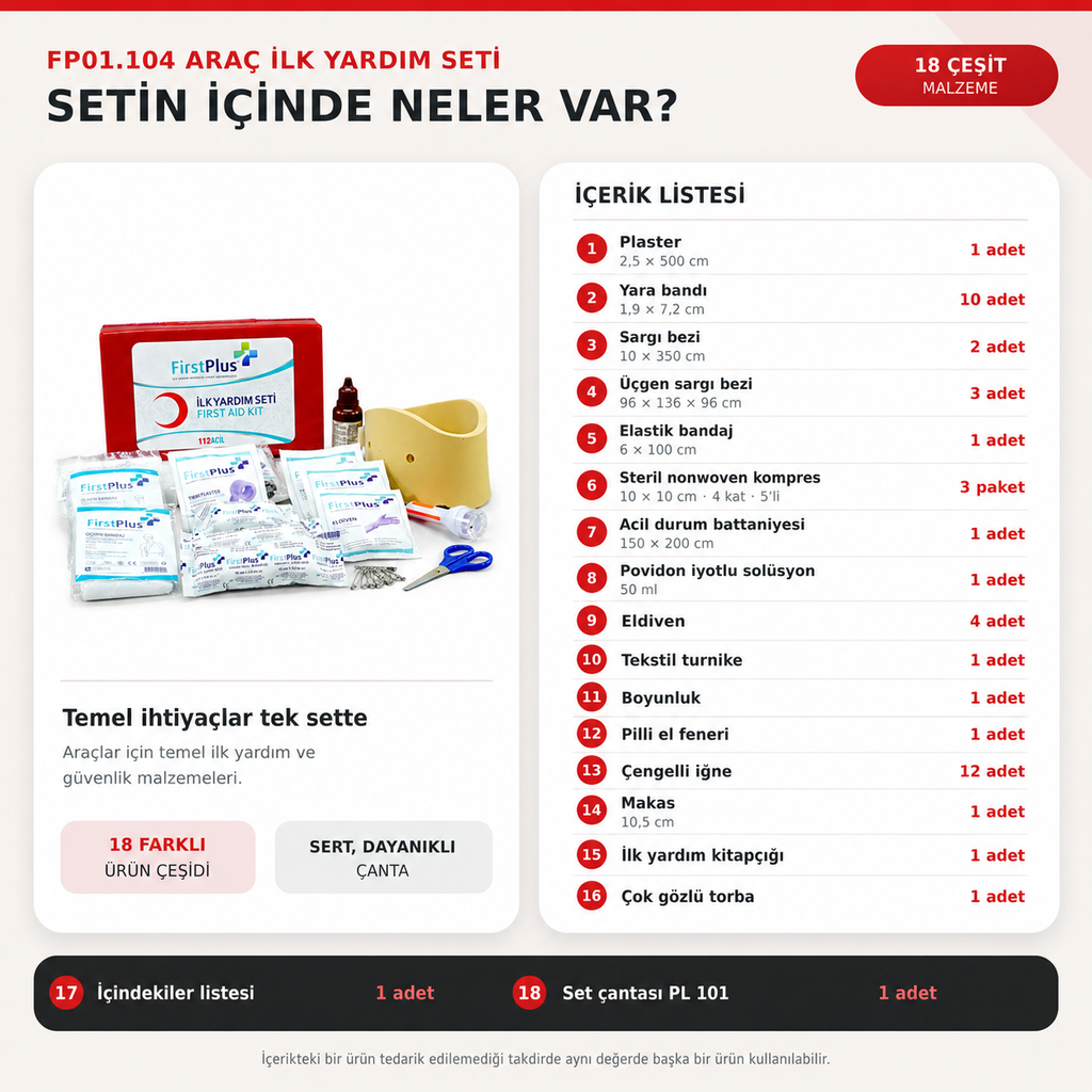 FirstPlus FP01.104 Araç İlk Yardım Çantası – 18 Kalem Kırmızı ABS Plastik Çanta