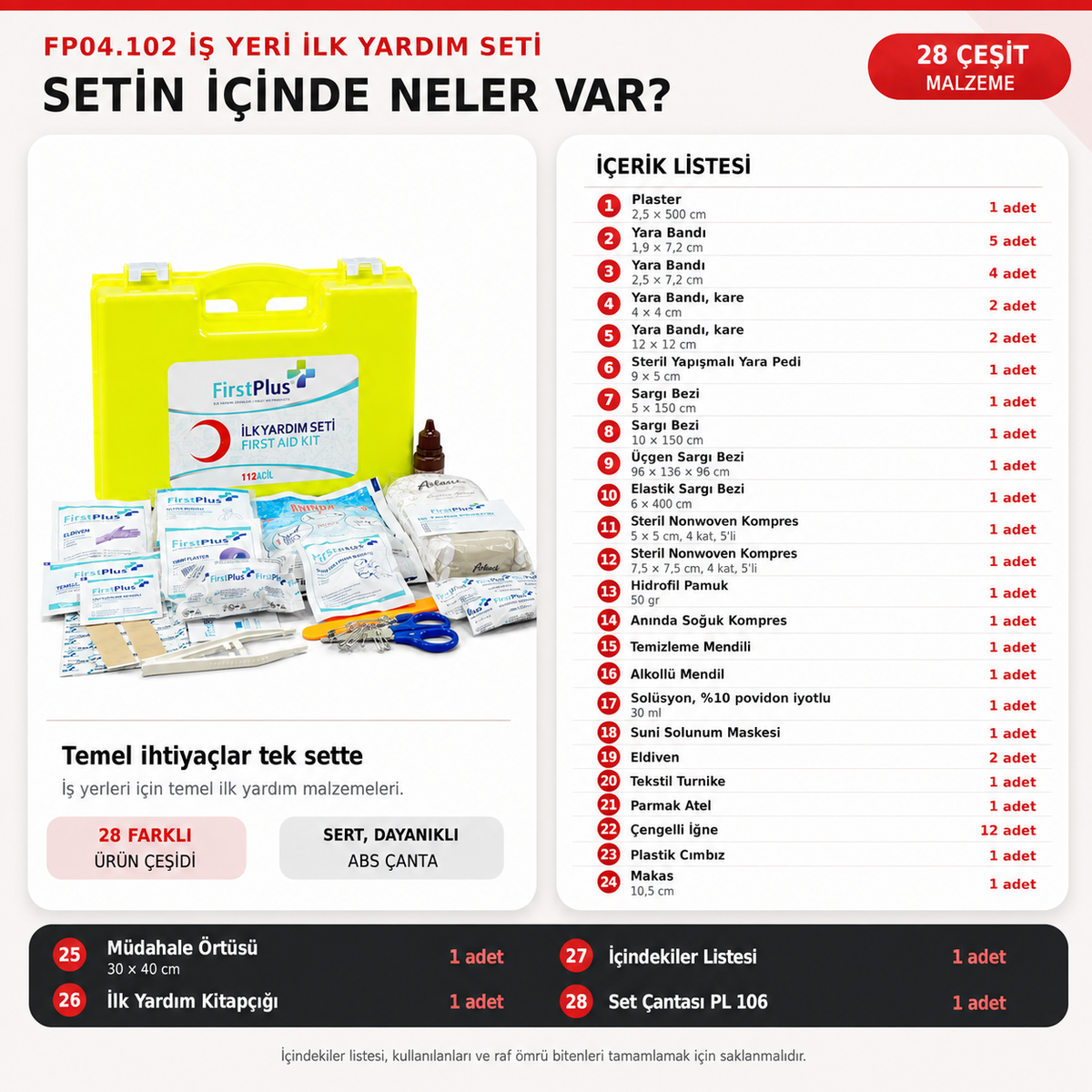 FirstPlus FP04.102 İş Yeri İlk Yardım Seti – Montaj Aparatlı Floresan Sarı ABS Çanta
