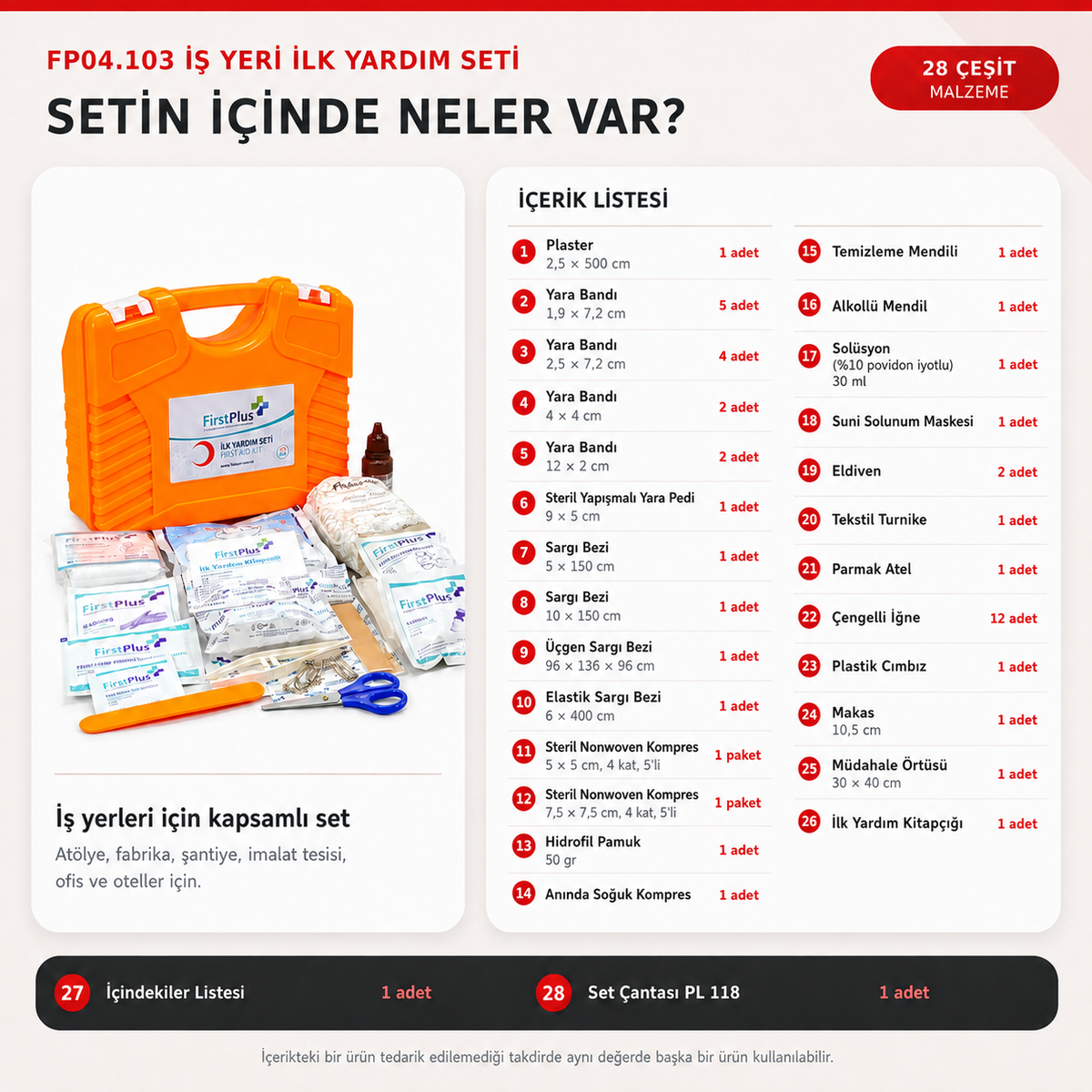 FirstPlus FP04.103 İş Yeri İlk Yardım Seti – Duvara Montajlanabilir Turuncu Çanta