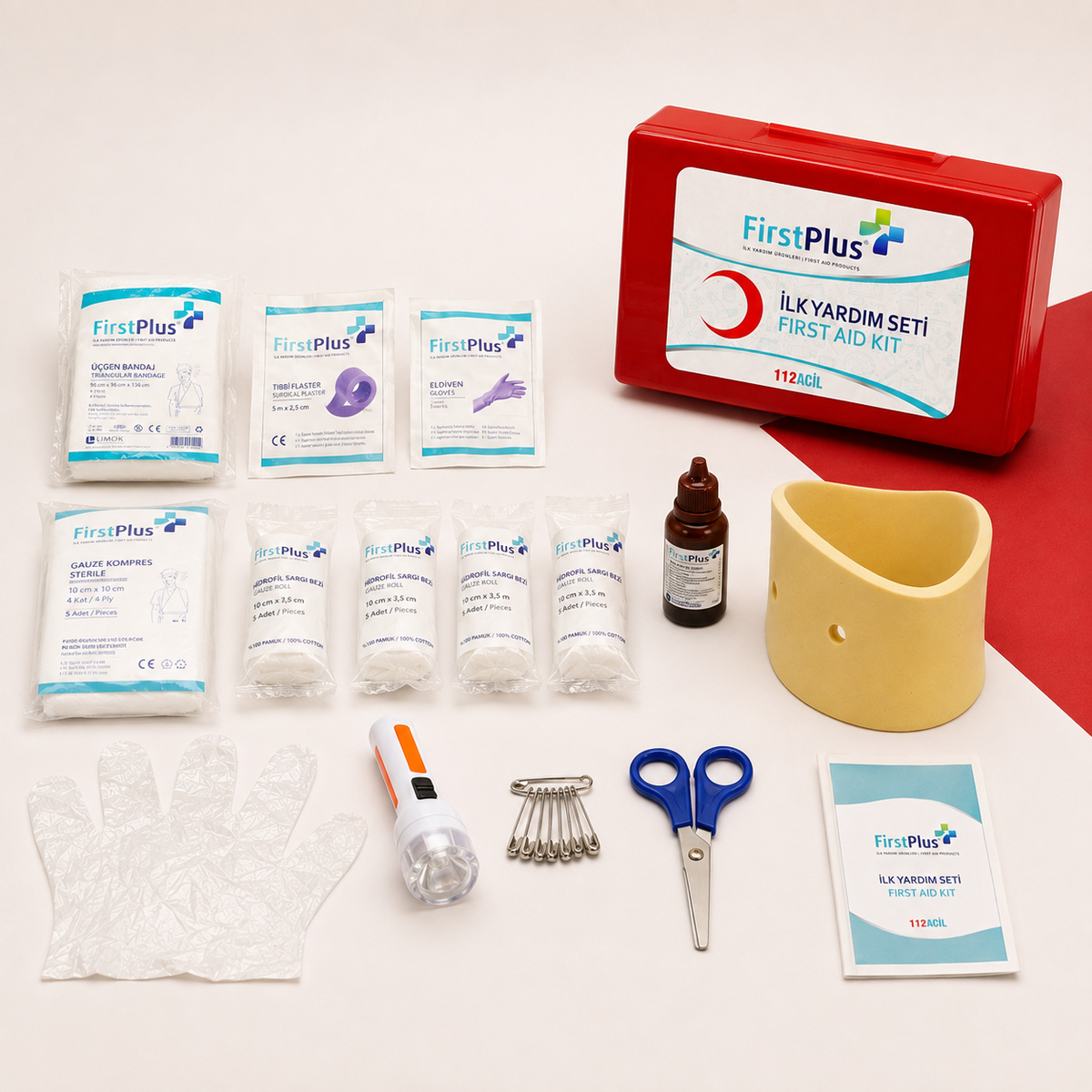 FirstPlus FP01.104 Araç İlk Yardım Çantası – 18 Kalem Kırmızı ABS Plastik Çanta