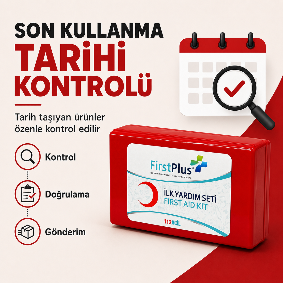 FirstPlus FP01.104 Araç İlk Yardım Çantası – 18 Kalem Kırmızı ABS Plastik Çanta